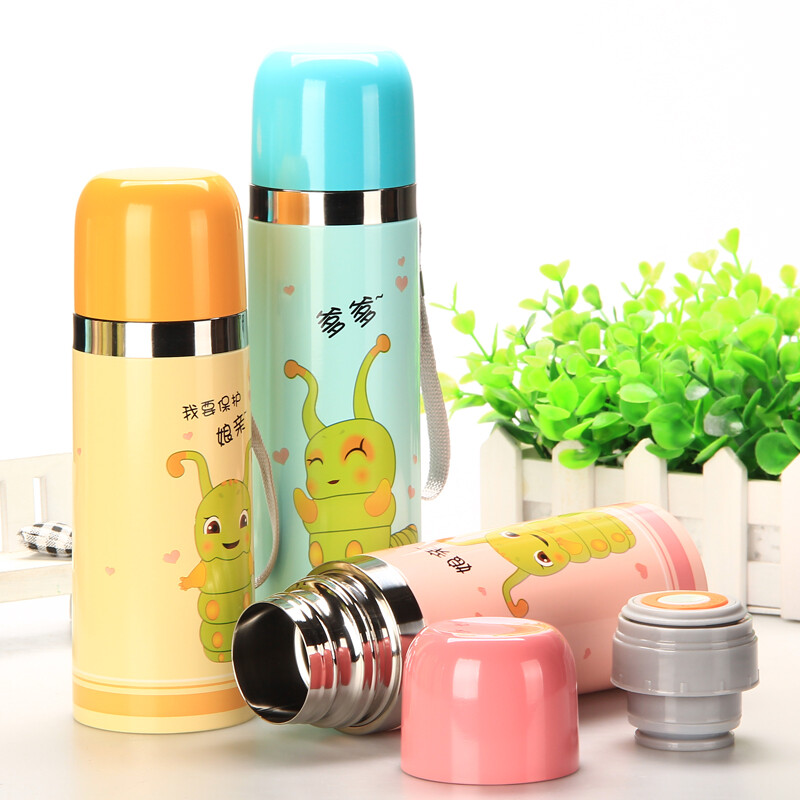 威納菲糖寶保溫杯 雙層不銹鋼真空保暖杯男女士情侶子彈頭保暖杯可愛學生兒童吊帶飲水 黃色 500ml